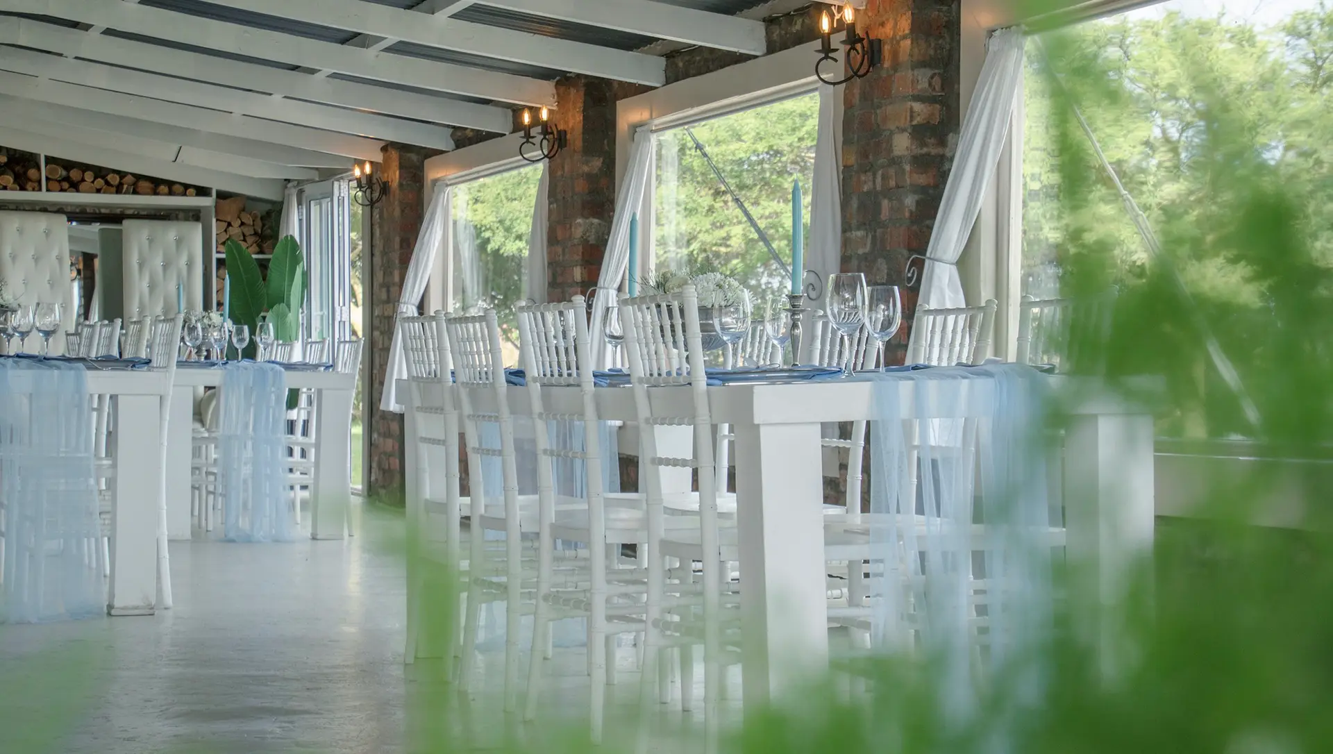 Reception hall set with white tables